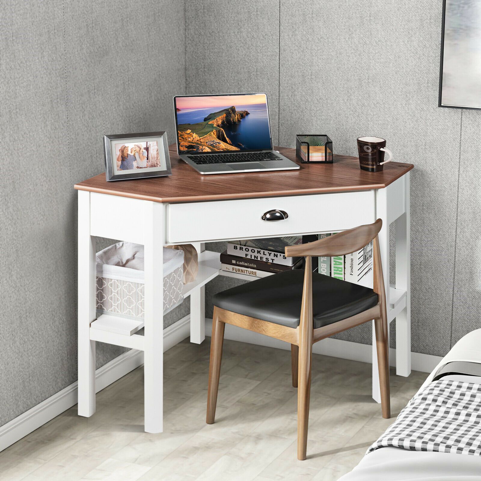 Corner Table Computer Desk with Drawer and Shelves